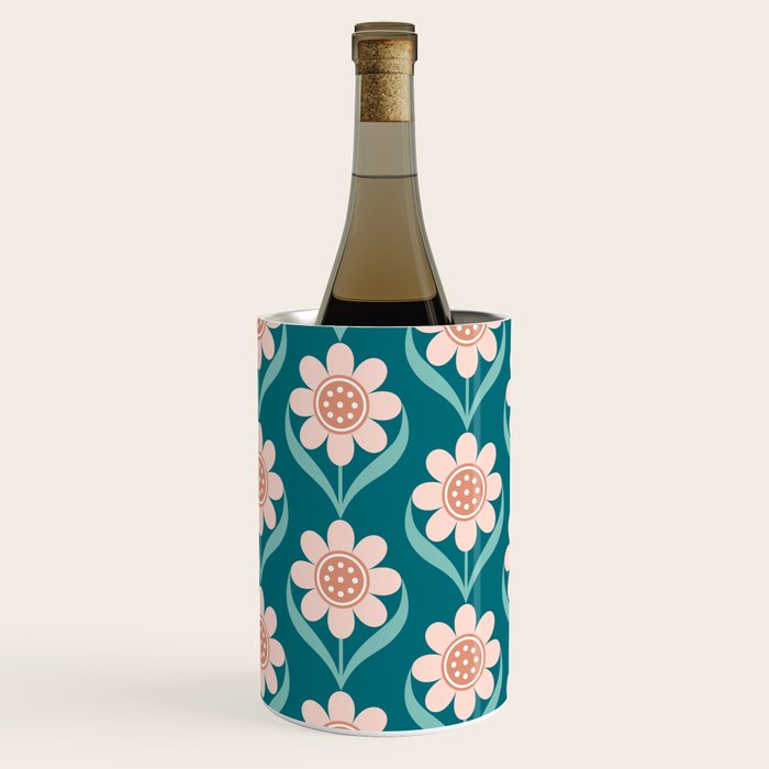 Scandinavian Floral Pattern, Turquoise, Peach and Salmon Pink Retro Flowers Wine Chiller Gallery Image 3