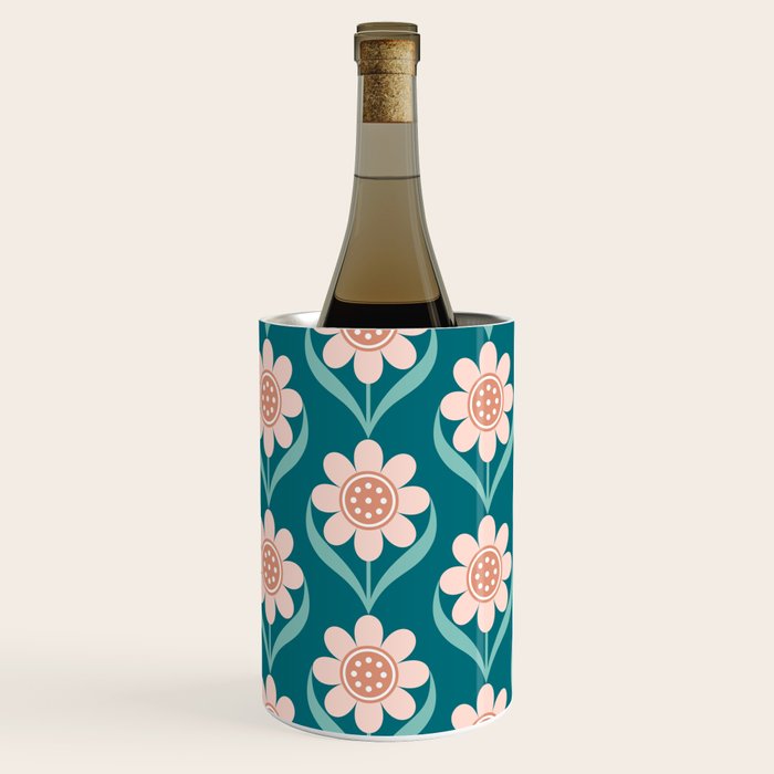 Scandinavian Floral Pattern, Turquoise, Peach and Salmon Pink Retro Flowers Wine Chiller Gallery Image 2