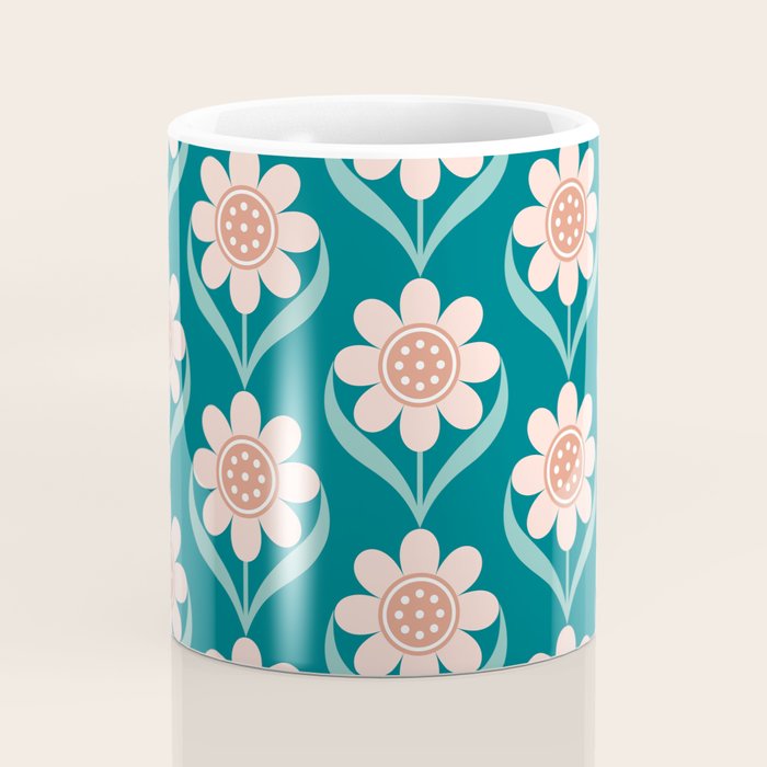 Scandinavian Floral Pattern, Turquoise, Peach and Salmon Pink Retro Flowers Coffee Mug Gallery Image 4