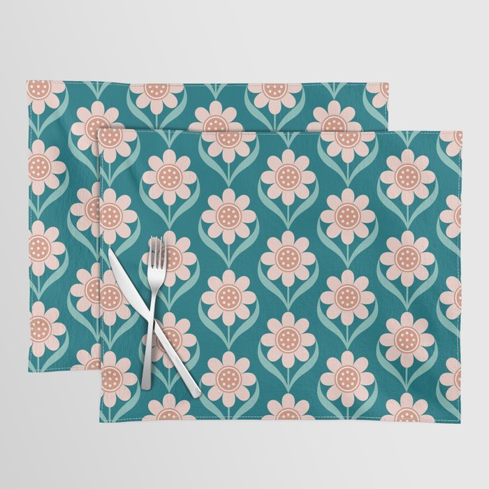 Scandinavian Floral Pattern, Turquoise, Peach and Salmon Pink Retro Flowers Placemat Gallery Image 1