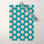 Scandinavian Floral Pattern, Turquoise, Peach and Salmon Pink Retro Flowers Wrapping Paper Gallery Image 1