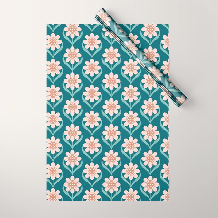 Scandinavian Floral Pattern, Turquoise, Peach and Salmon Pink Retro Flowers Wrapping Paper Gallery Image 1