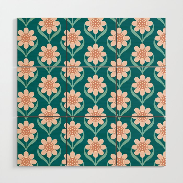Scandinavian Floral Pattern, Turquoise, Peach and Salmon Pink Retro Flowers Wood Wall Art Gallery Image 1
