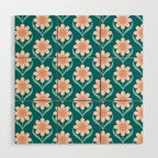 Scandinavian Floral Pattern, Turquoise, Peach and Salmon Pink Retro Flowers Wood Wall Art Gallery Image 1