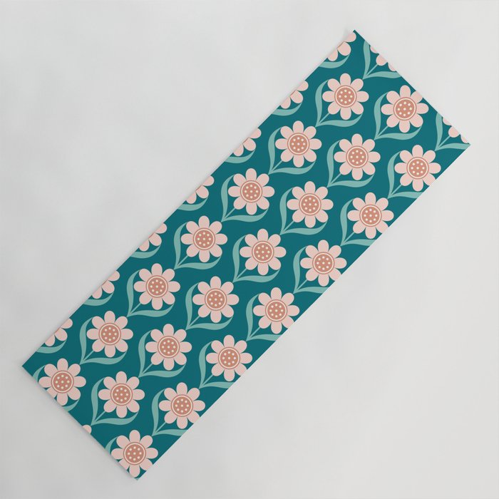 Scandinavian Floral Pattern, Turquoise, Peach and Salmon Pink Retro Flowers Yoga Mat Gallery Image 1