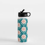 Scandinavian Floral Pattern, Turquoise, Peach and Salmon Pink Retro Flowers Water Bottle Gallery Image 1