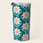 Scandinavian Floral Pattern, Turquoise, Peach and Salmon Pink Retro Flowers Travel Mug Gallery Image 3