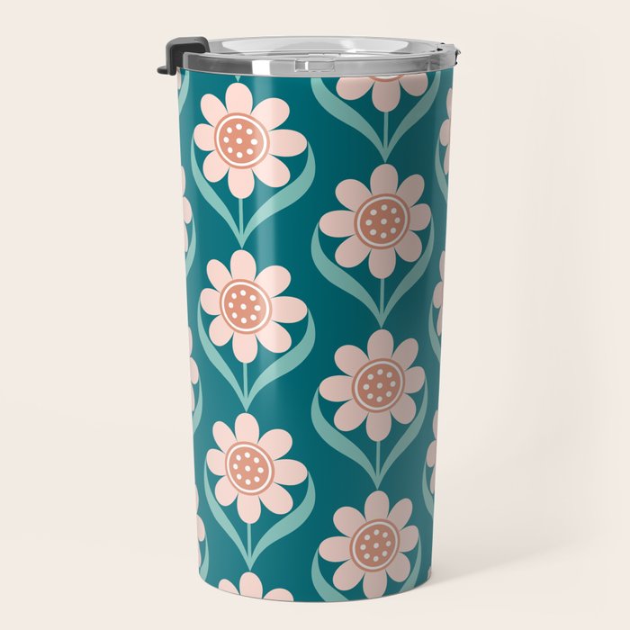 Scandinavian Floral Pattern, Turquoise, Peach and Salmon Pink Retro Flowers Travel Mug Gallery Image 3