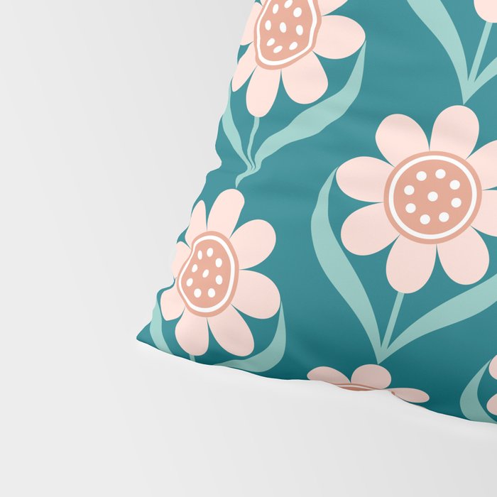 Scandinavian Floral Pattern, Turquoise, Peach and Salmon Pink Retro Flowers Pillow Sham Gallery Image 4