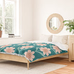 Scandinavian Floral Pattern, Turquoise, Peach and Salmon Pink Retro Flowers Duvet Cover Gallery Image 2