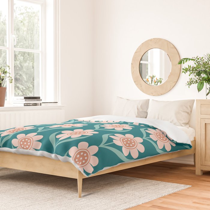 Scandinavian Floral Pattern, Turquoise, Peach and Salmon Pink Retro Flowers Duvet Cover Gallery Image 2