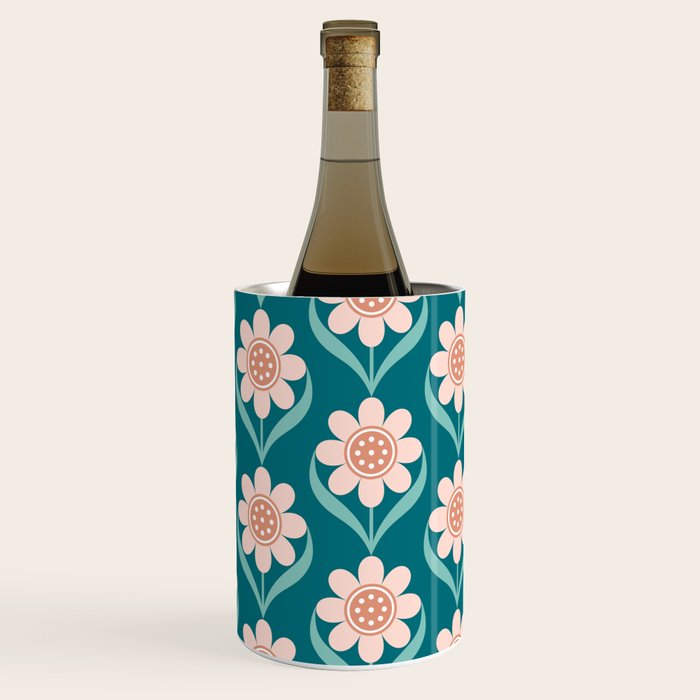Scandinavian Floral Pattern, Turquoise, Peach and Salmon Pink Retro Flowers Wine Chiller Gallery Image 1