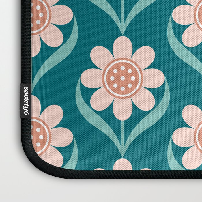 Scandinavian Floral Pattern, Turquoise, Peach and Salmon Pink Retro Flowers Laptop Sleeve Gallery Image 3