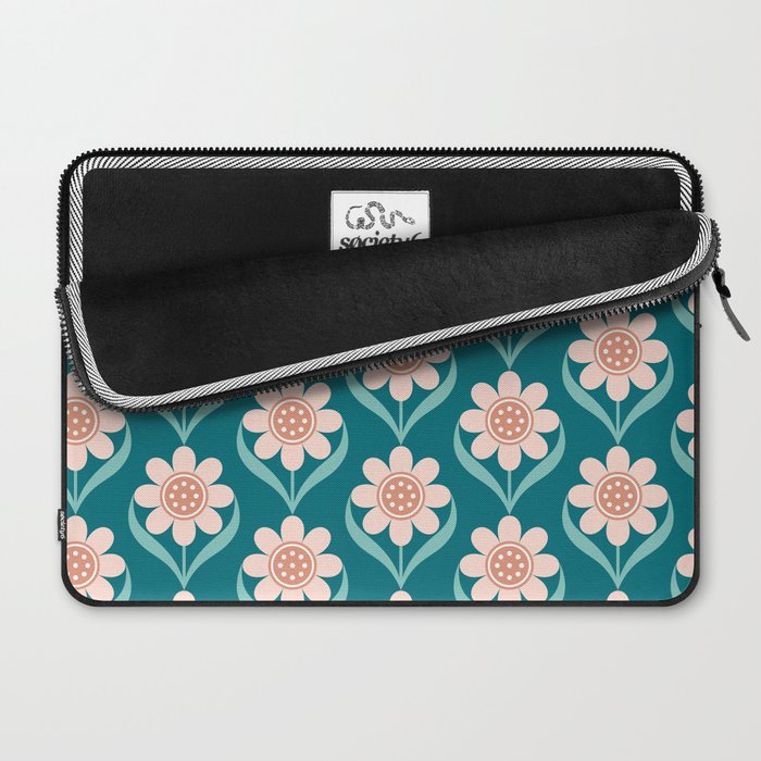 Scandinavian Floral Pattern, Turquoise, Peach and Salmon Pink Retro Flowers Laptop Sleeve Gallery Image 2