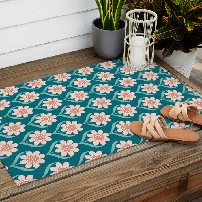 Scandinavian Floral Pattern, Turquoise, Peach and Salmon Pink Retro Flowers Outdoor Rug Gallery Image 2