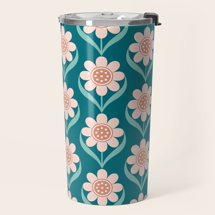 Scandinavian Floral Pattern, Turquoise, Peach and Salmon Pink Retro Flowers Travel Mug Gallery Image 2
