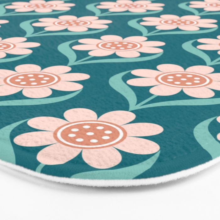 Scandinavian Floral Pattern, Turquoise, Peach and Salmon Pink Retro Flowers Bath Mat Gallery Image 3