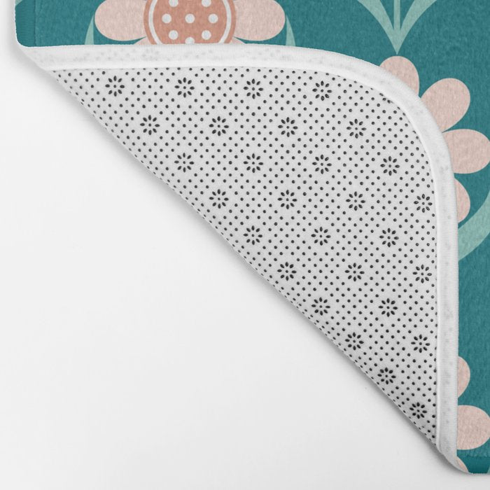 Scandinavian Floral Pattern, Turquoise, Peach and Salmon Pink Retro Flowers Bath Mat Gallery Image 2