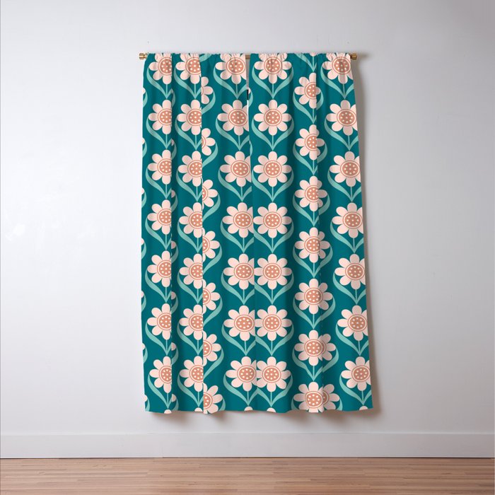Scandinavian Floral Pattern, Turquoise, Peach and Salmon Pink Retro Flowers Window Curtain Gallery Image 3
