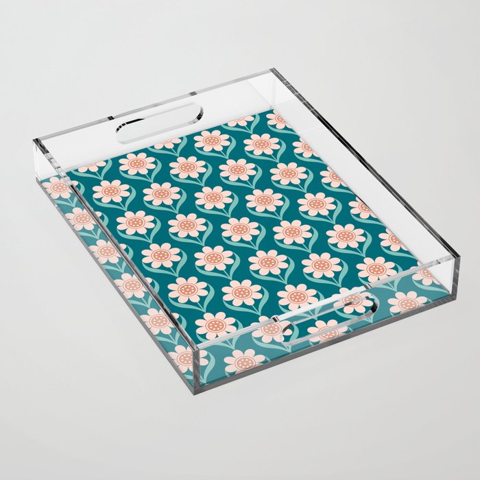 Scandinavian Floral Pattern, Turquoise, Peach and Salmon Pink Retro Flowers Acrylic Tray Gallery Image 1