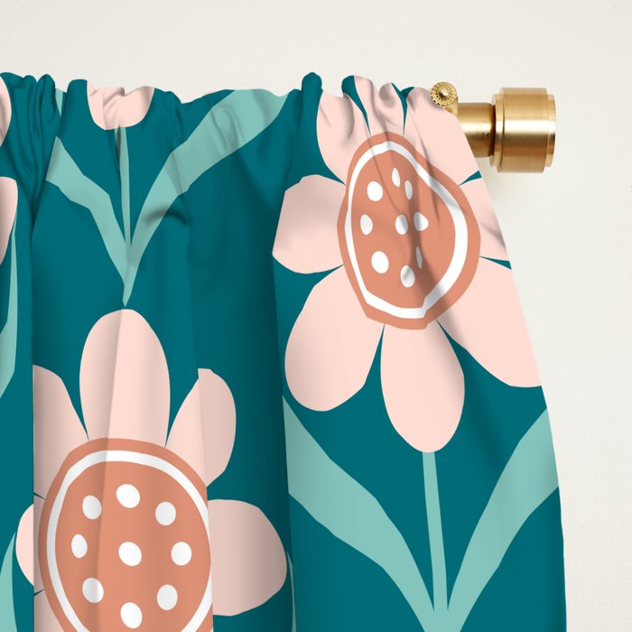 Scandinavian Floral Pattern, Turquoise, Peach and Salmon Pink Retro Flowers Window Curtain Gallery Image 2