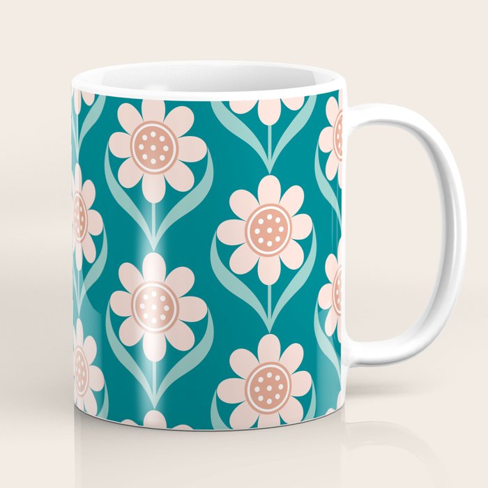 Scandinavian Floral Pattern, Turquoise, Peach and Salmon Pink Retro Flowers Coffee Mug Gallery Image 1