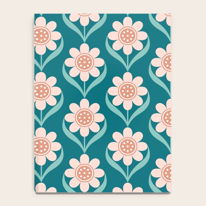 Scandinavian Floral Pattern, Turquoise, Peach and Salmon Pink Retro Flowers Notebook Gallery Image 4