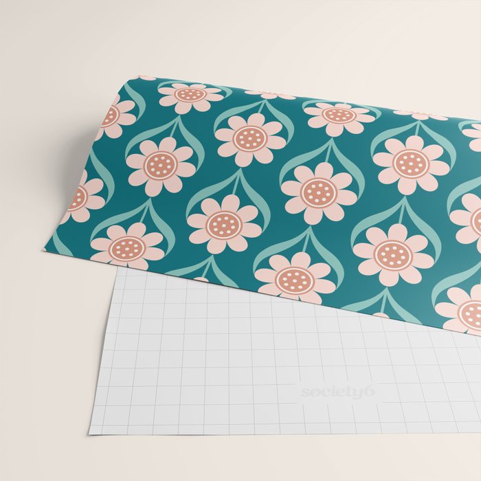 Scandinavian Floral Pattern, Turquoise, Peach and Salmon Pink Retro Flowers Wrapping Paper Gallery Image 2