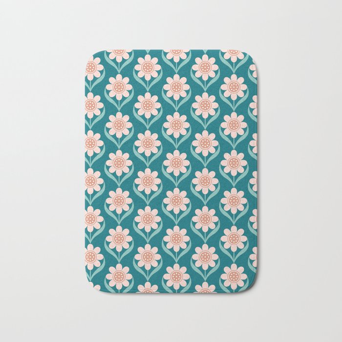 Scandinavian Floral Pattern, Turquoise, Peach and Salmon Pink Retro Flowers Bath Mat Gallery Image 1