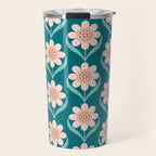 Scandinavian Floral Pattern, Turquoise, Peach and Salmon Pink Retro Flowers Travel Mug Gallery Image 1