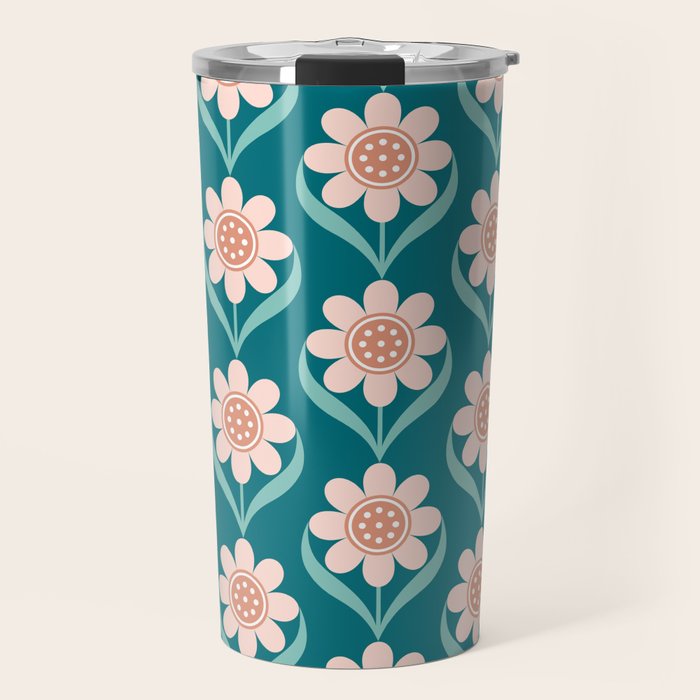 Scandinavian Floral Pattern, Turquoise, Peach and Salmon Pink Retro Flowers Travel Mug Gallery Image 1