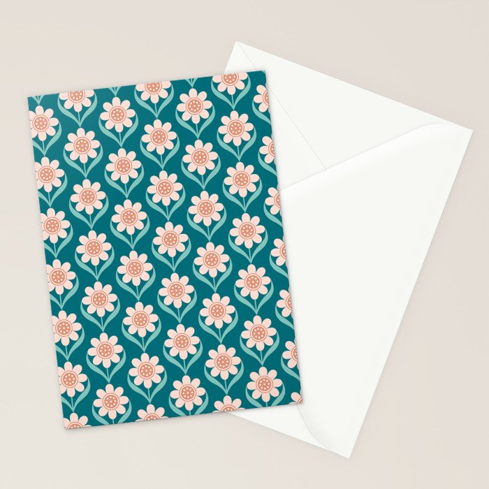 Scandinavian Floral Pattern, Turquoise, Peach and Salmon Pink Retro Flowers Stationery Card Gallery Image 2