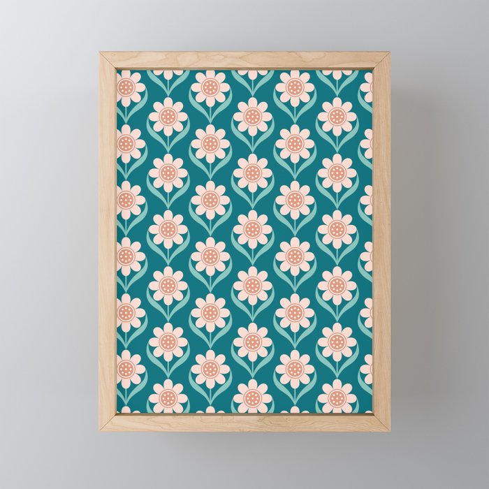 Scandinavian Floral Pattern, Turquoise, Peach and Salmon Pink Retro Flowers Mini Art Print Gallery Image 1