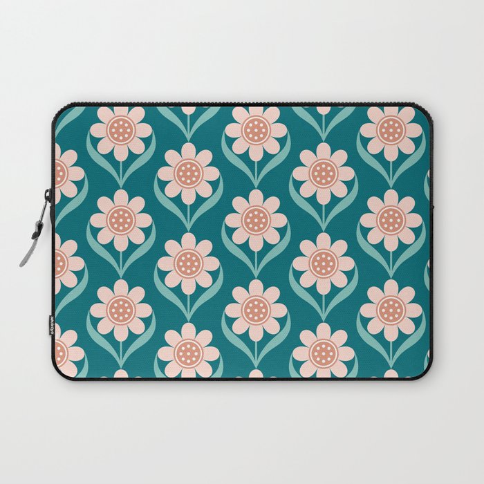 Scandinavian Floral Pattern, Turquoise, Peach and Salmon Pink Retro Flowers Laptop Sleeve Gallery Image 1