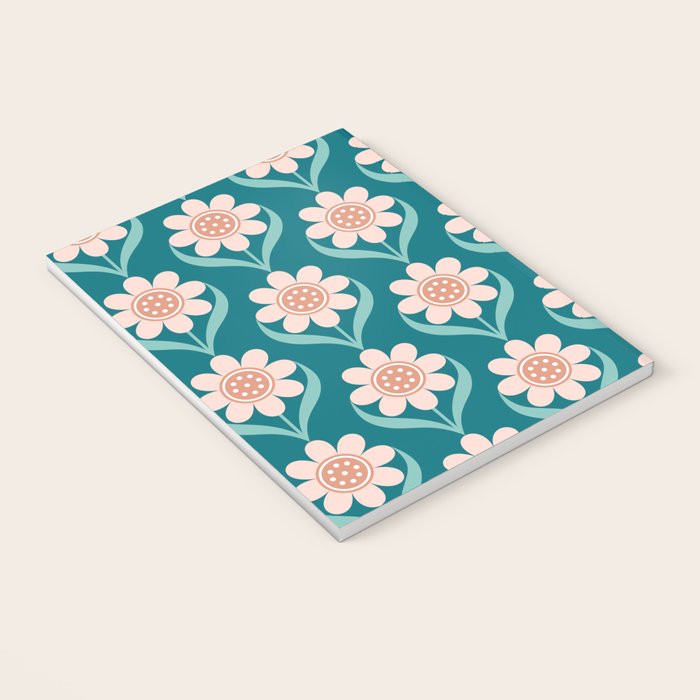 Scandinavian Floral Pattern, Turquoise, Peach and Salmon Pink Retro Flowers Notebook Gallery Image 3