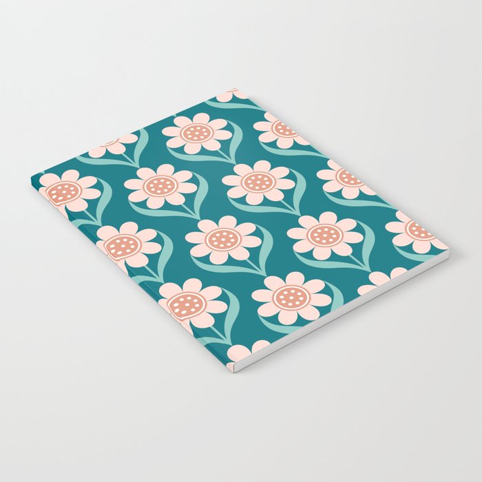 Scandinavian Floral Pattern, Turquoise, Peach and Salmon Pink Retro Flowers Notebook Gallery Image 2