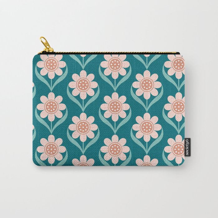 Scandinavian Floral Pattern, Turquoise, Peach and Salmon Pink Retro Flowers Carry All Pouch Gallery Image 1