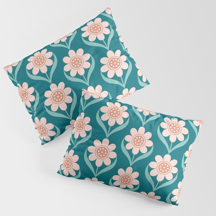 Scandinavian Floral Pattern, Turquoise, Peach and Salmon Pink Retro Flowers Pillow Sham Gallery Image 1