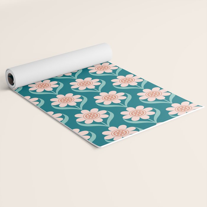 Scandinavian Floral Pattern, Turquoise, Peach and Salmon Pink Retro Flowers Yoga Mat Gallery Image 2