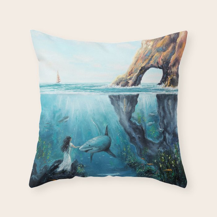 Surreal Ocean Dream 'Fairy Girl and the Shark' Throw Pillow Gallery Image 1