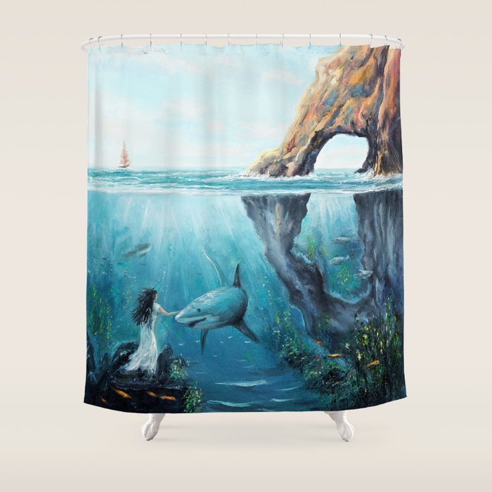 Surreal Ocean Dream 'Fairy Girl and the Shark' Shower Curtain Gallery Image 1