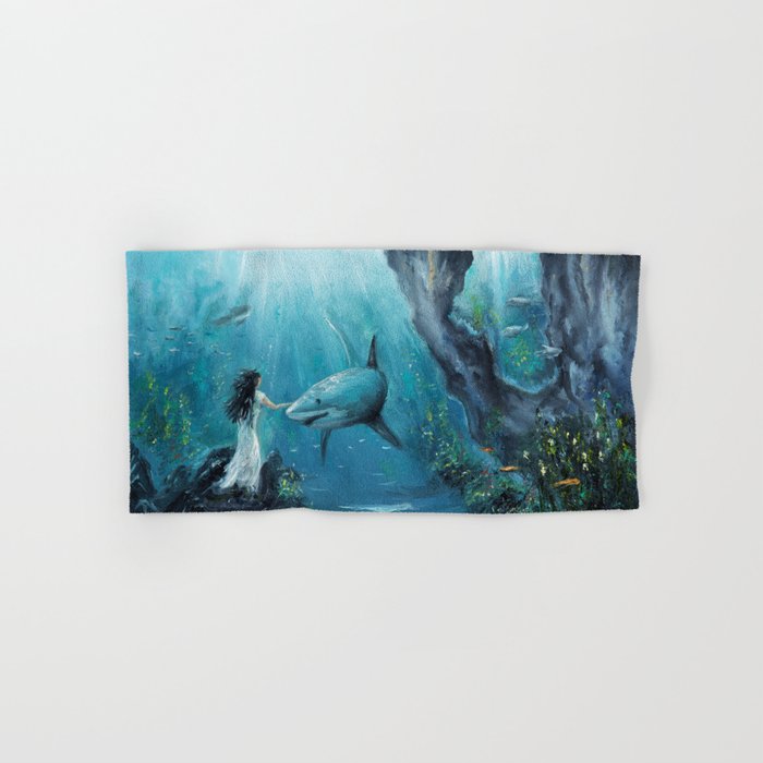 Surreal Ocean Dream 'Fairy Girl and the Shark' Bath Towel Gallery Image 1