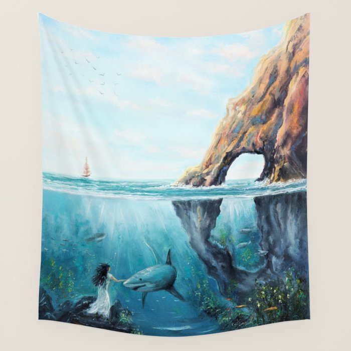 Surreal Ocean Dream 'Fairy Girl and the Shark' Wall Tapestry Gallery Image 1