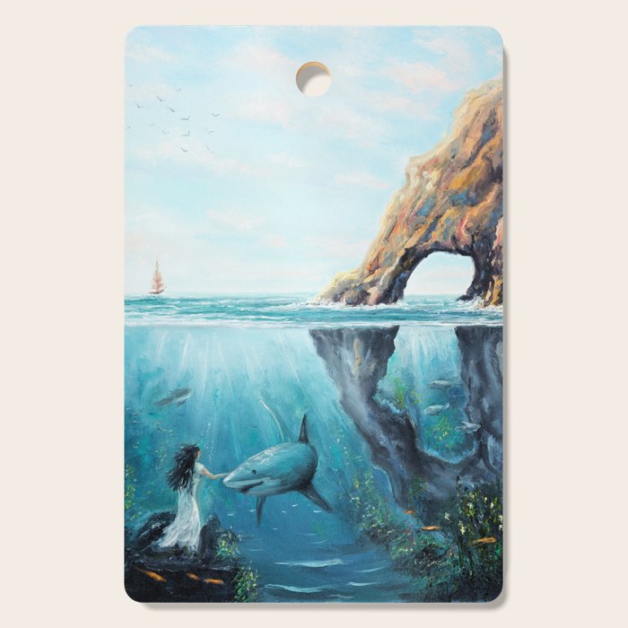 Surreal Ocean Dream 'Fairy Girl and the Shark' Cutting Board Gallery Image 1