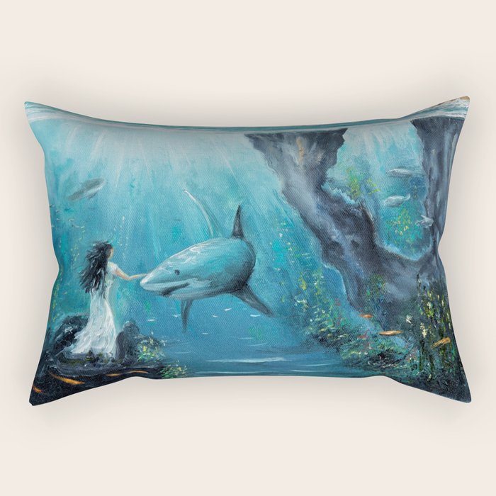 Surreal Ocean Dream 'Fairy Girl and the Shark' Rectangular Pillow Gallery Image 2