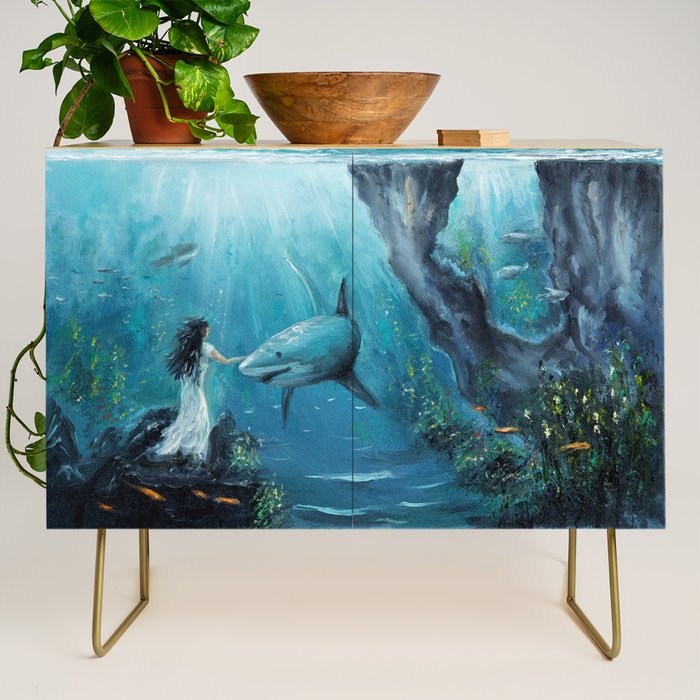 Surreal Ocean Dream 'Fairy Girl and the Shark' Credenza Gallery Image 1