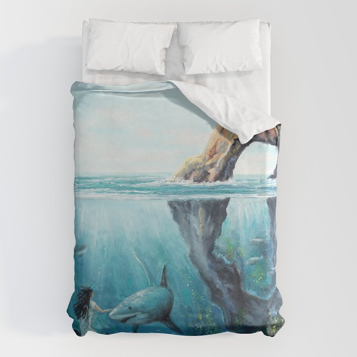 Surreal Ocean Dream 'Fairy Girl and the Shark' Duvet Cover Gallery Image 1