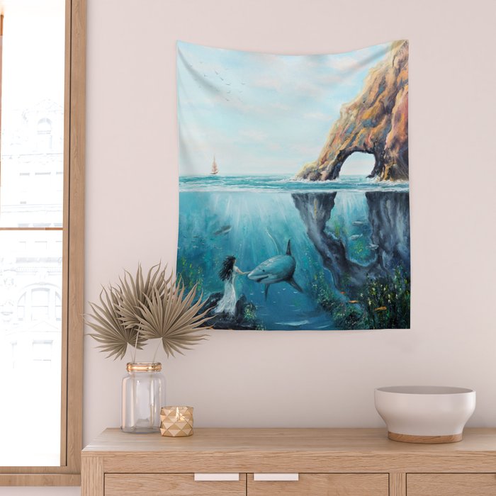 Surreal Ocean Dream 'Fairy Girl and the Shark' Wall Tapestry Gallery Image 2