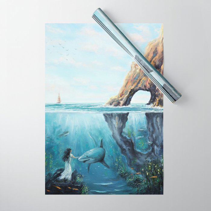 Surreal Ocean Dream 'Fairy Girl and the Shark' Wrapping Paper Gallery Image 1