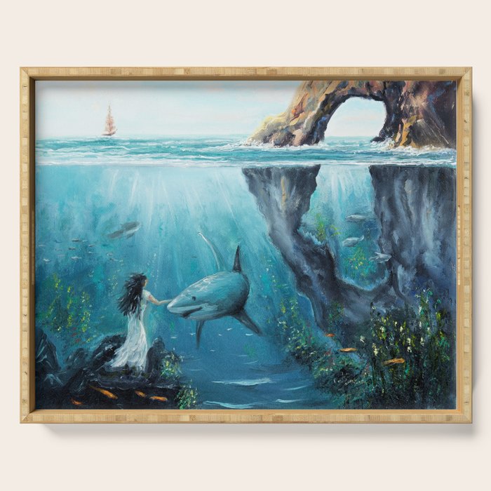 Surreal Ocean Dream 'Fairy Girl and the Shark' Serving Tray Gallery Image 1
